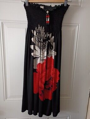 Black Strapless Midi Dress with Red Floral Print.Made by 1 2 3